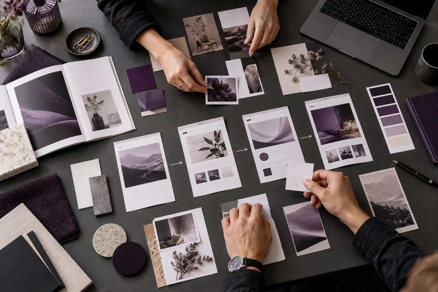 Atelier de conception réunissant prototypes de pages web et supports imprimés sur une table