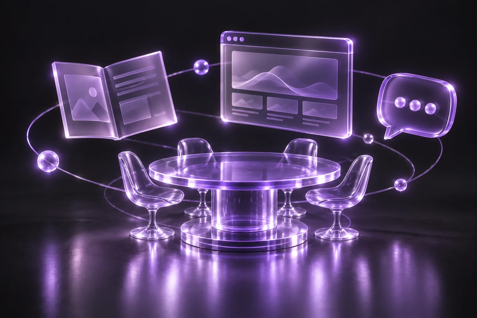 Table de travail et supports de communication en verre violet, illustration du choix d’une agence