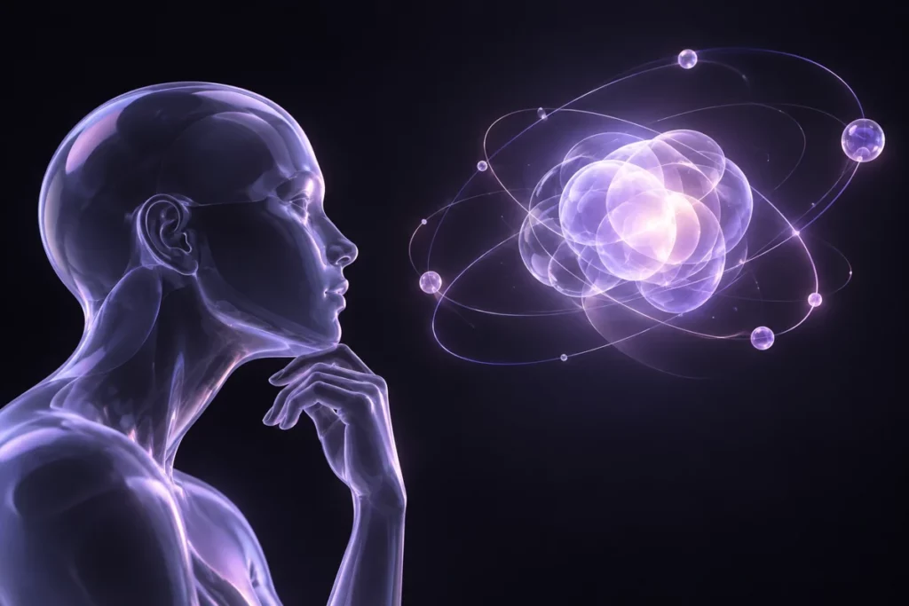 Profil humain translucide et orbites lumineuses évoquant les décisions du client