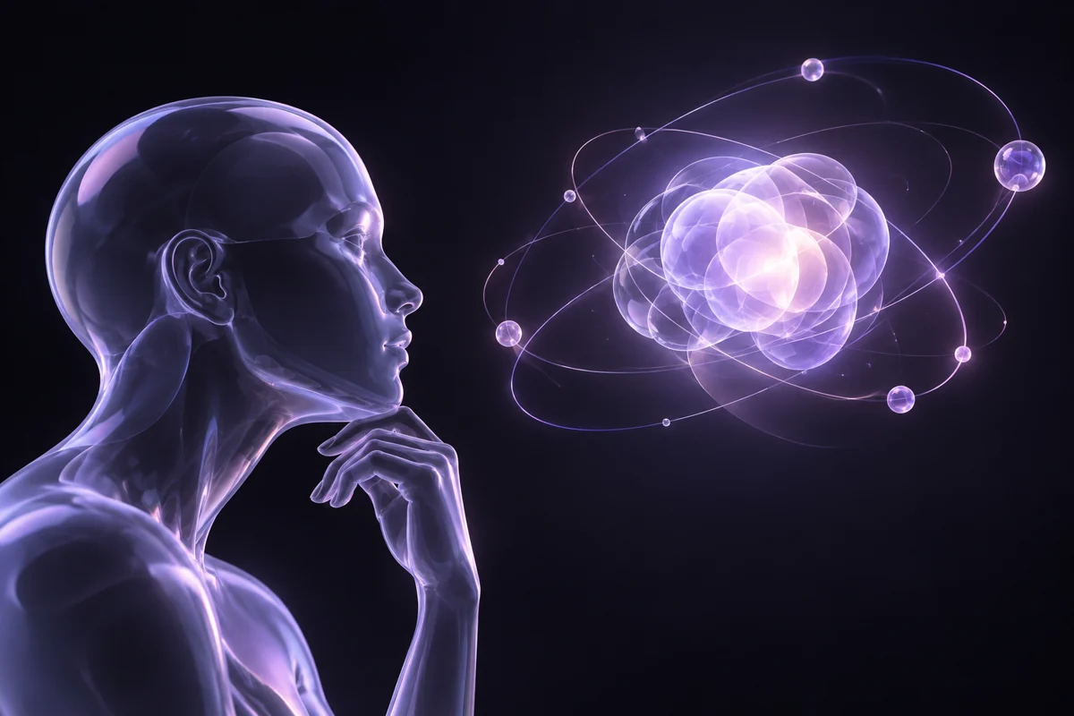 Profil humain translucide et orbites lumineuses évoquant les décisions du client