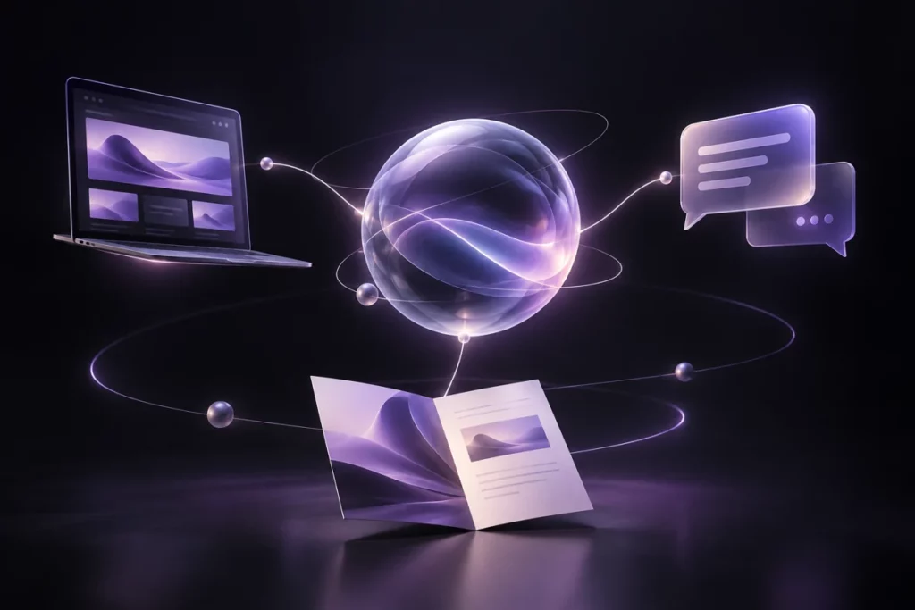 Une sphère relie un site, une brochure et une bulle de message
