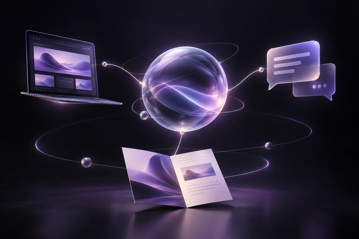 Une sphère relie un site, une brochure et une bulle de message