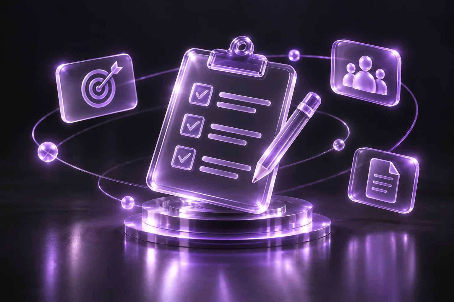 Documents et repères en verre violet pour préparer un brief de communication