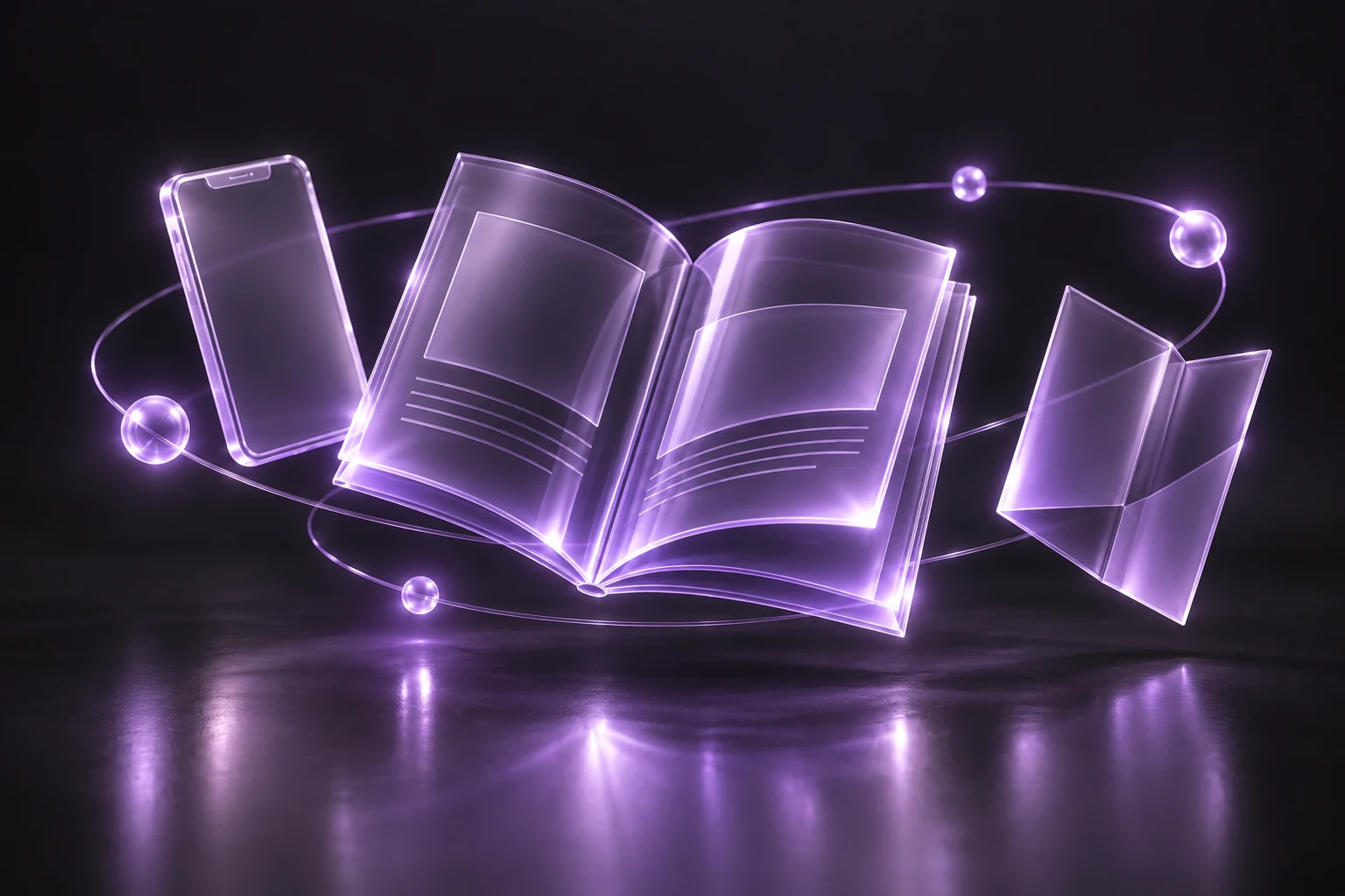 Brochure et supports numériques en verre violet, illustration de la création d’un support commercial