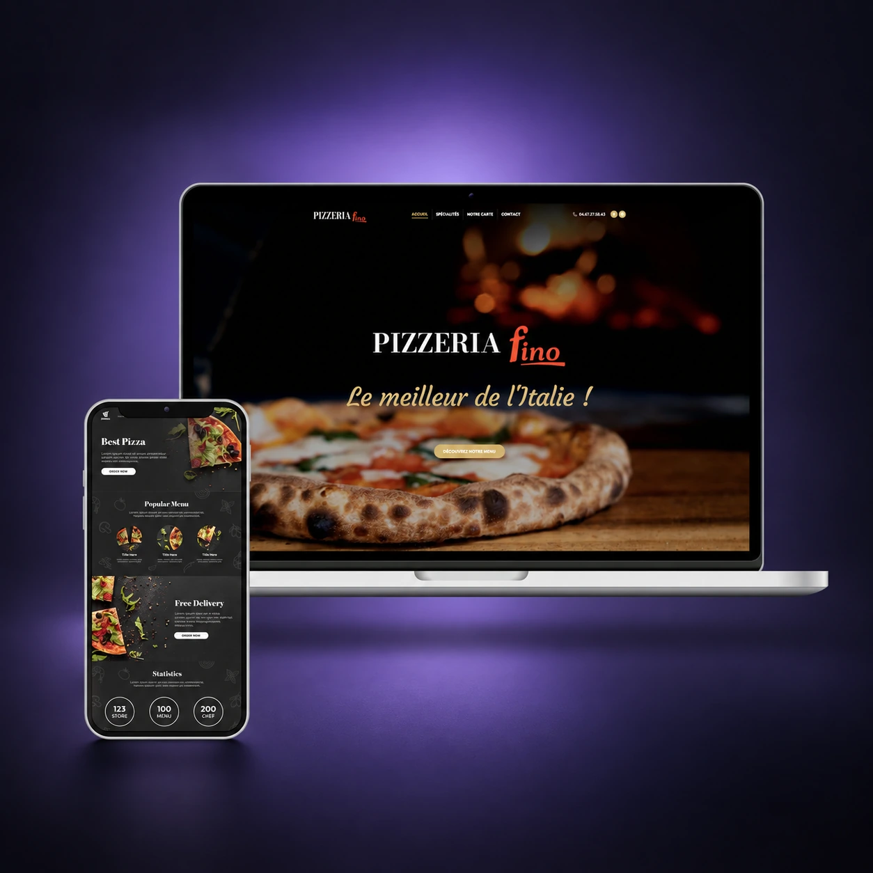 Site web de Fino Pizzeria présenté sur ordinateur et smartphone, sur fond violet.