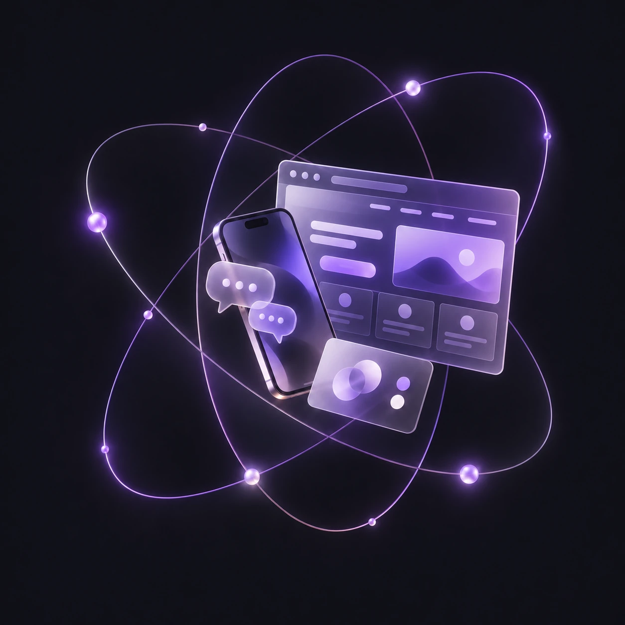 Téléphone, bulles de dialogue, page web et identité de marque reliés par des orbites violettes