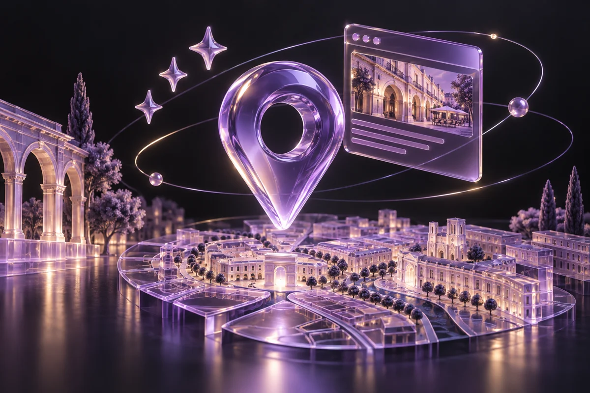 Repère de localisation en verre violet au-dessus d’une ville et d’une fiche web